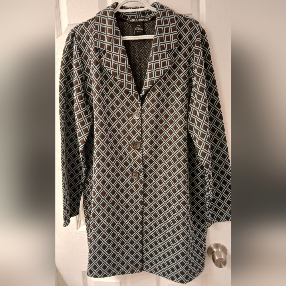 Nina Leonard Long Jacket – Size L – Brown & Blue Diamond Pattern